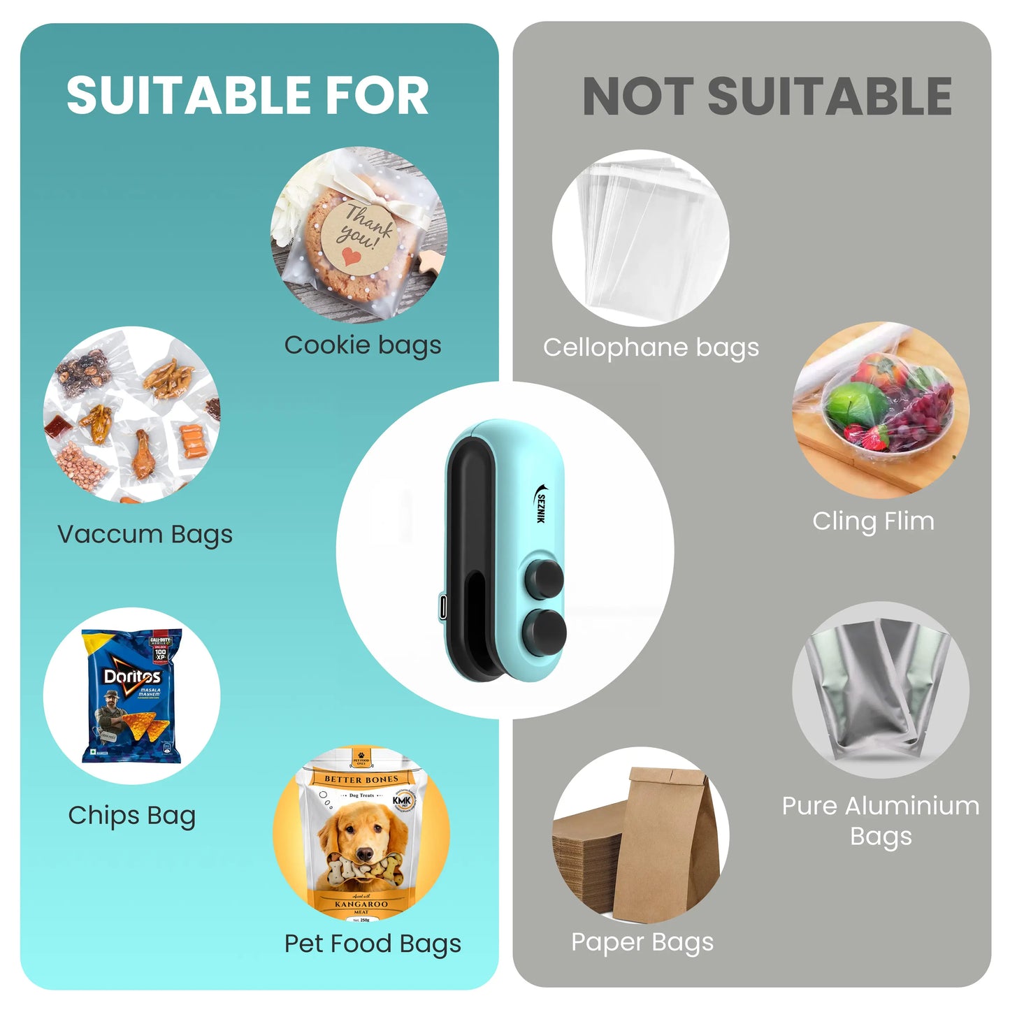 Seznik Portable Mini Sealing Machine, Handheld Packet Sealer for Food, Snacks, Chips, Fresh Storage, Plastic Bags Sealing Machine, 1 YEAR Warranty (Cyan)